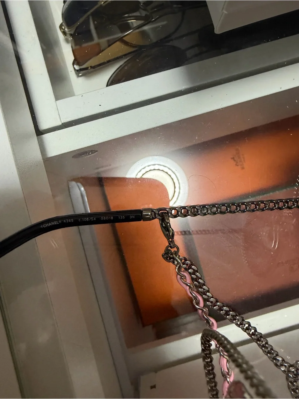 CHANEL Round Pink Gradient Sunglasses with Silver Chain
